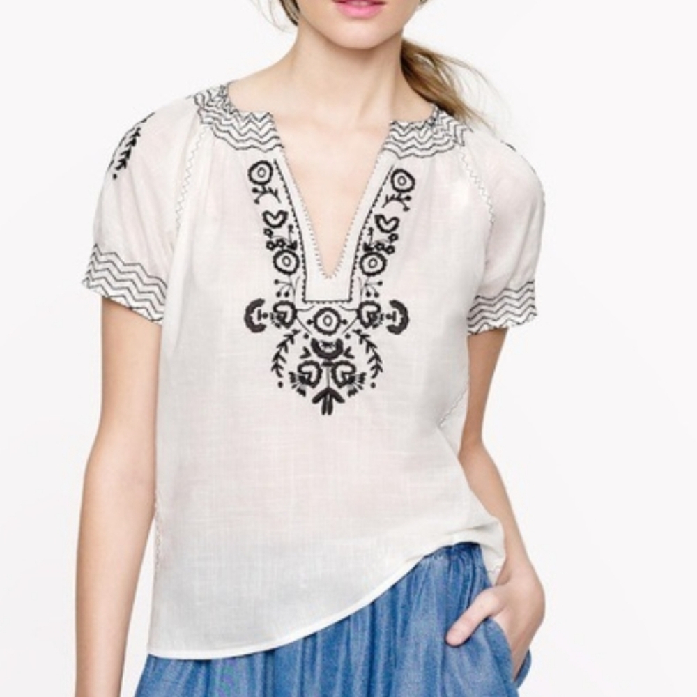 J. Crew Top Airy White Cotton Embroidered Short Puff Sleeve Gauze Boho Blouse 10